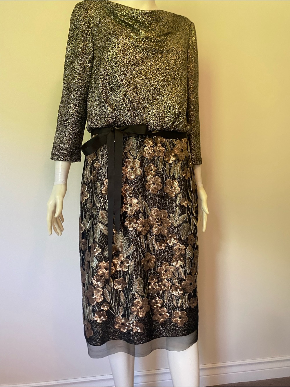 Alex Evenings Gold and Black Floral Sequin Midi Dress